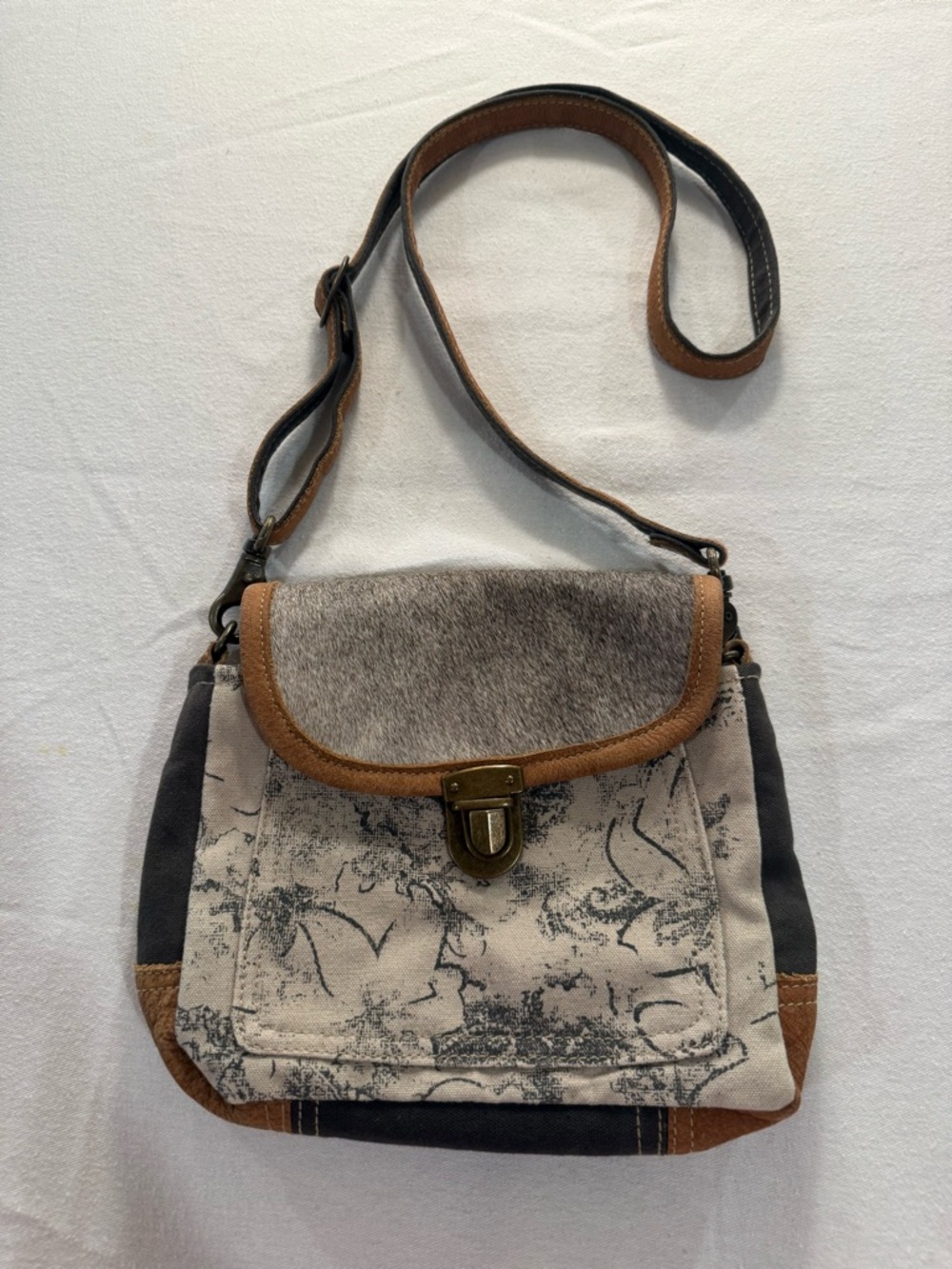 Myra Bag Gray Canvas Crossbody with Brown Leather Trim